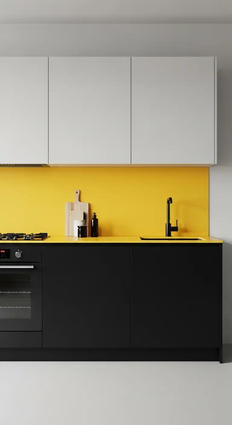 23. A Minimalist and Functional Black and Yellow Kitchen