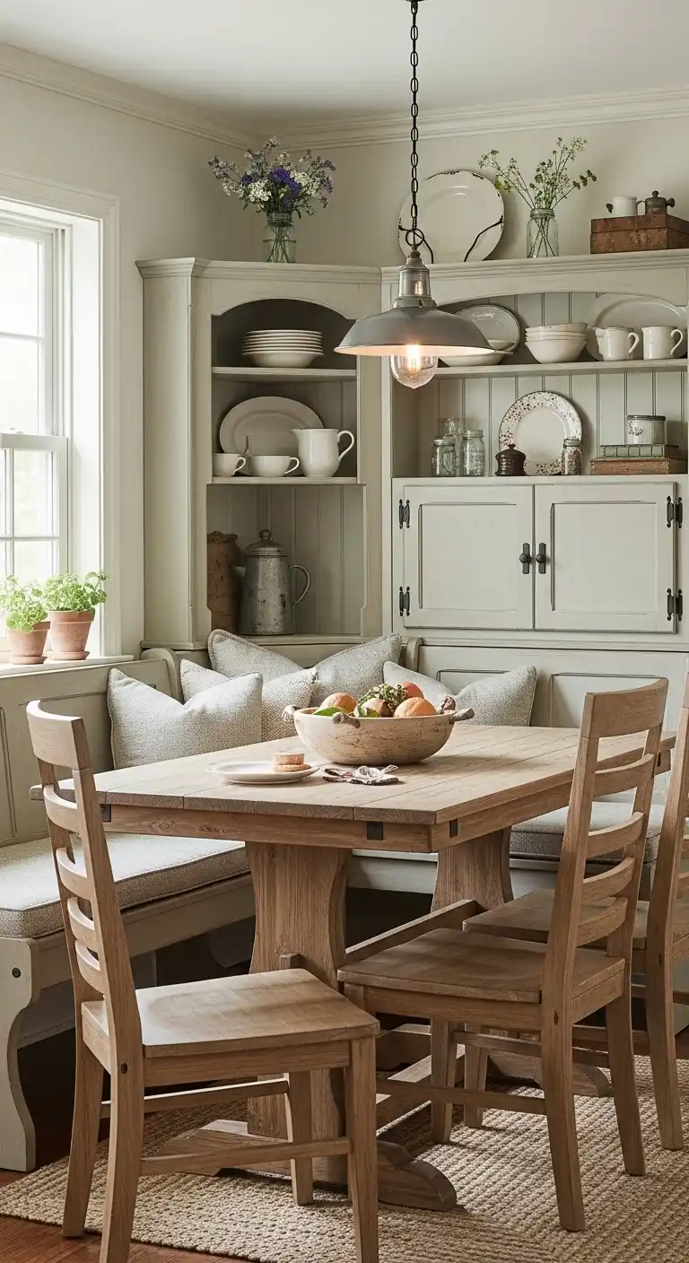 23. Farmhouse Style Corner Dining Table Nook with Hutch