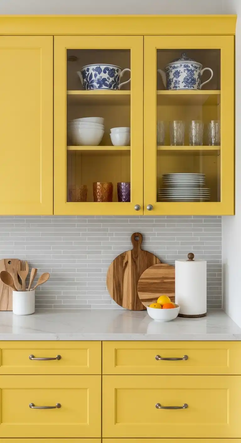 23. Yellow Cabinets with Glass Inserts