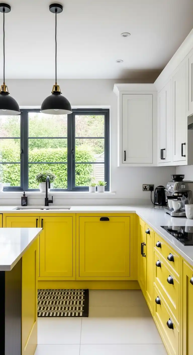 24. Black and White Accents in a Yellow and White Kitchen