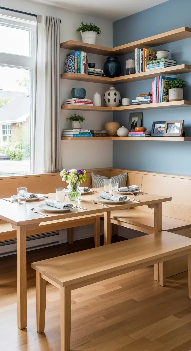 24. Corner Dining Table with Bench and Shelved Wall