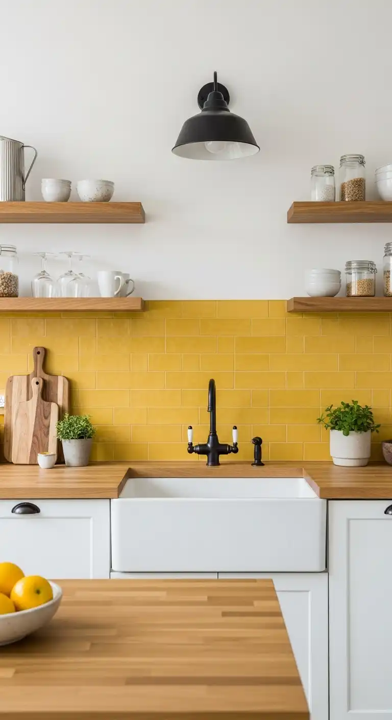 3. Modern Farmhouse Style with a Matte Yellow Backsplash Kitchen
