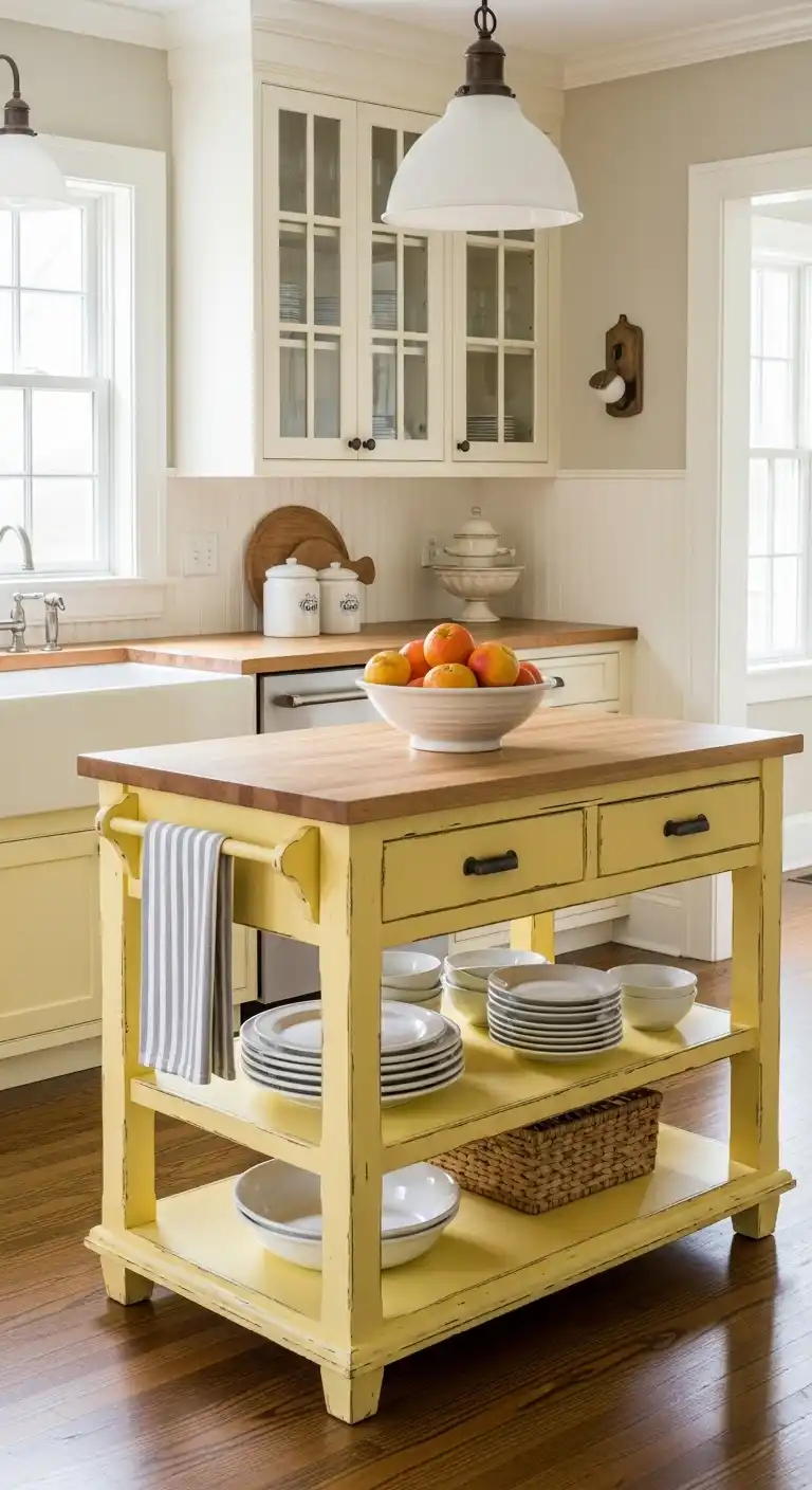 3. The Rustic Farmhouse Yellow Kitchen Island