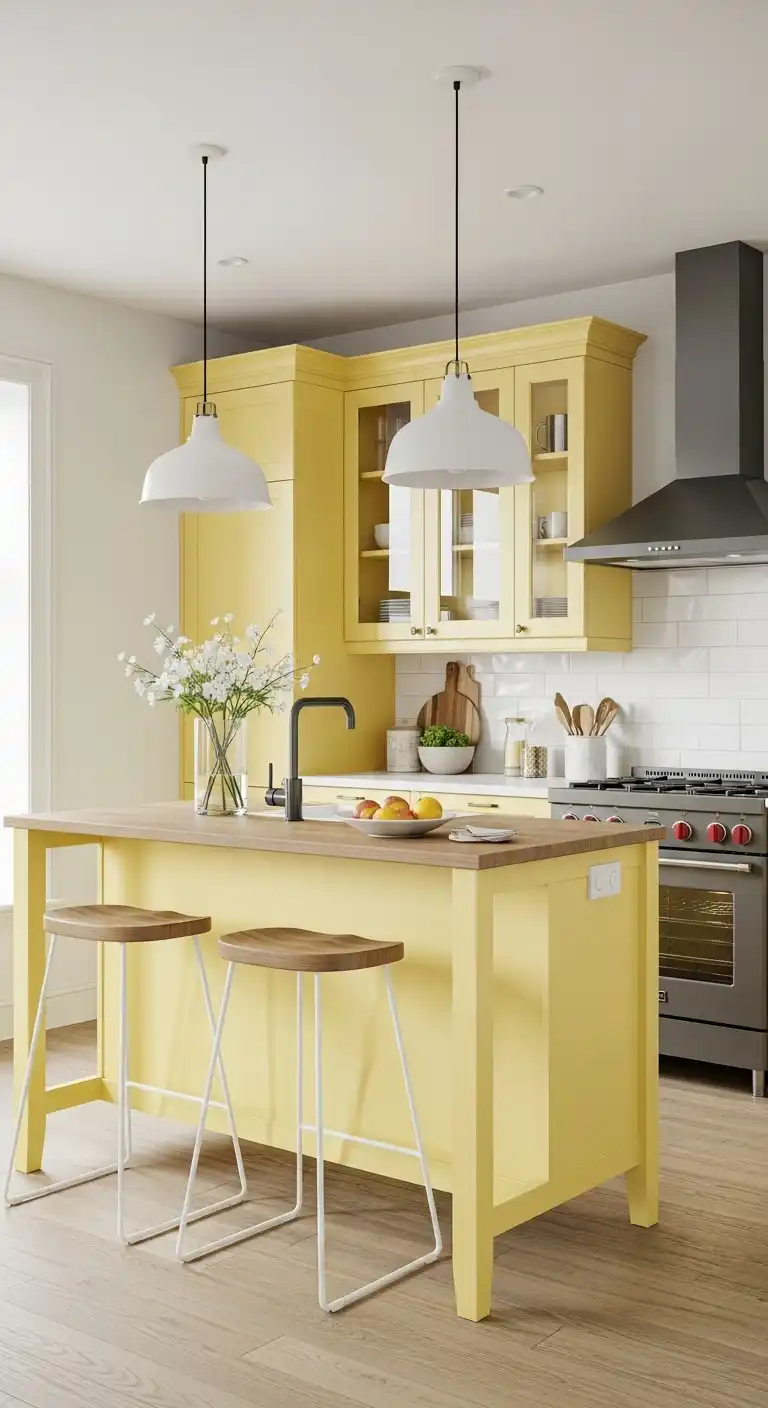 4. A Pop of Pastel Yellow on the Kitchen Island