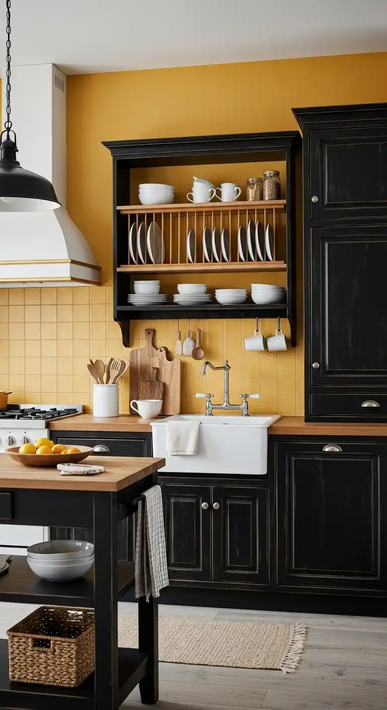 4. Rustic Farmhouse Black and Yellow Kitchen