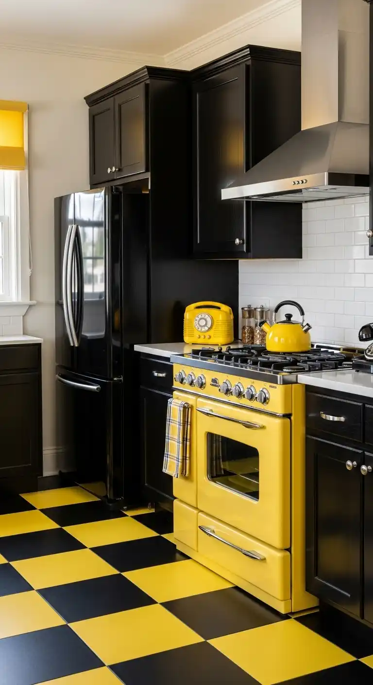 5. Vintage-Inspired Black and Yellow Kitchen