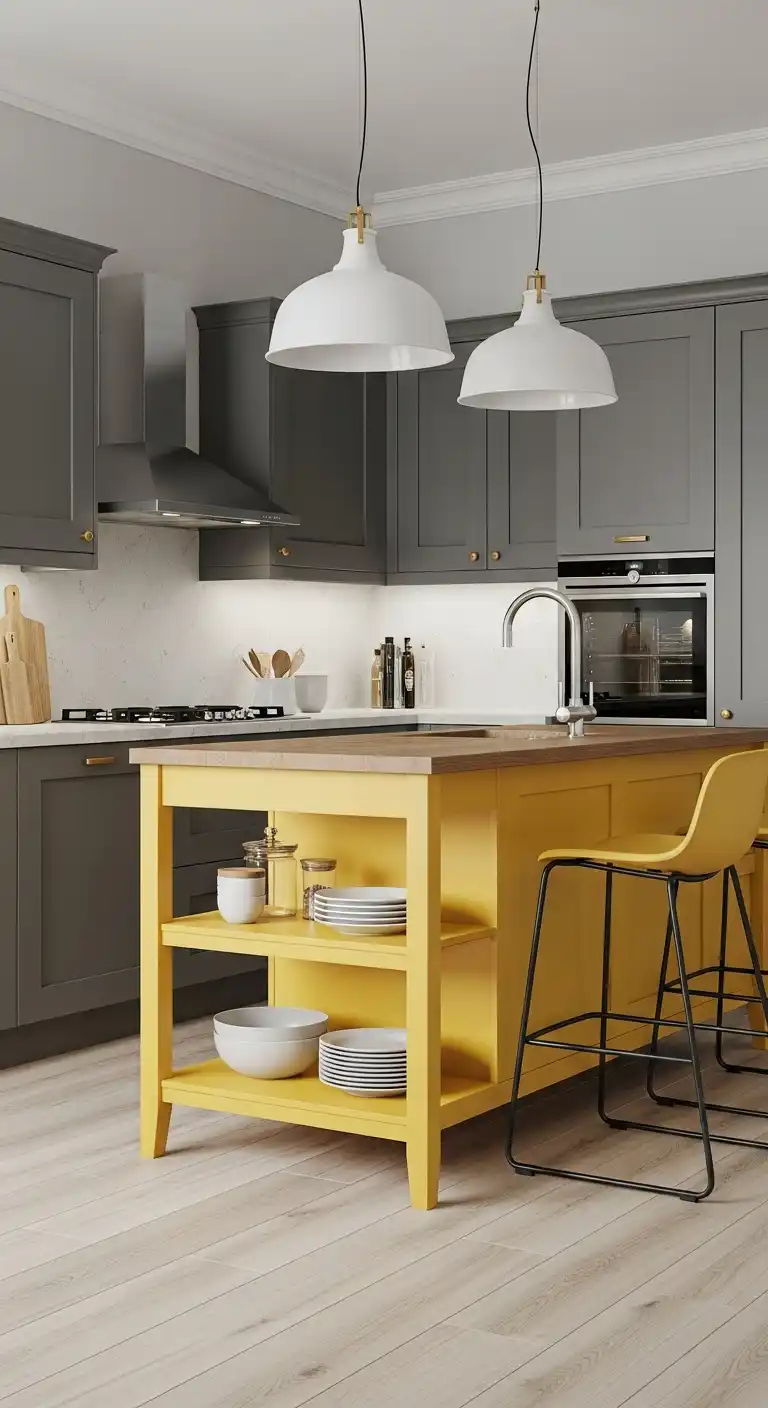 6. Adding a Yellow Kitchen Island to a Gray Kitchen