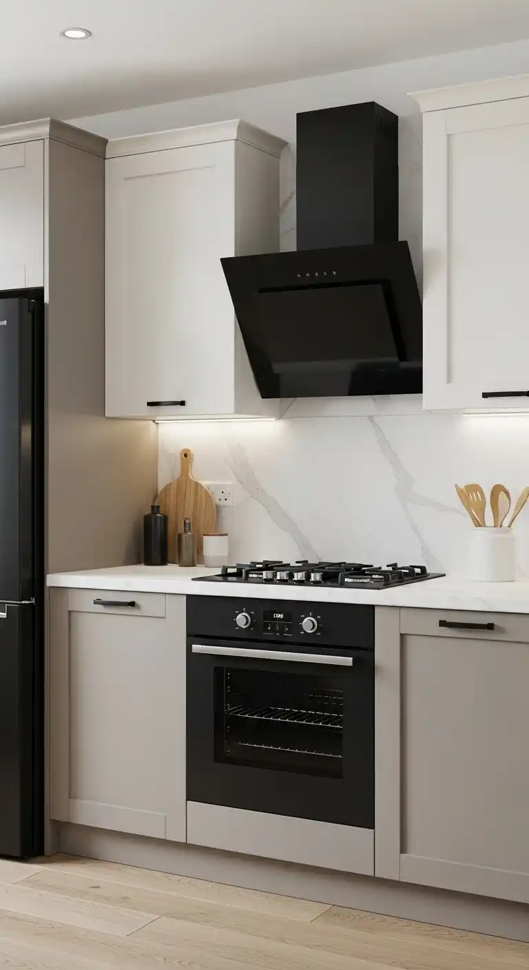 6. Black Appliances with Neutral Cabinets
