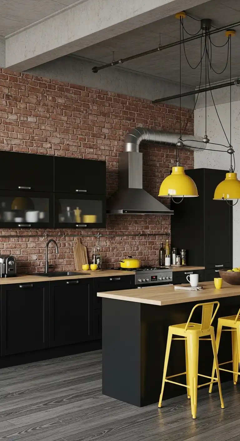 6. Black and Yellow Kitchen with Industrial Accents