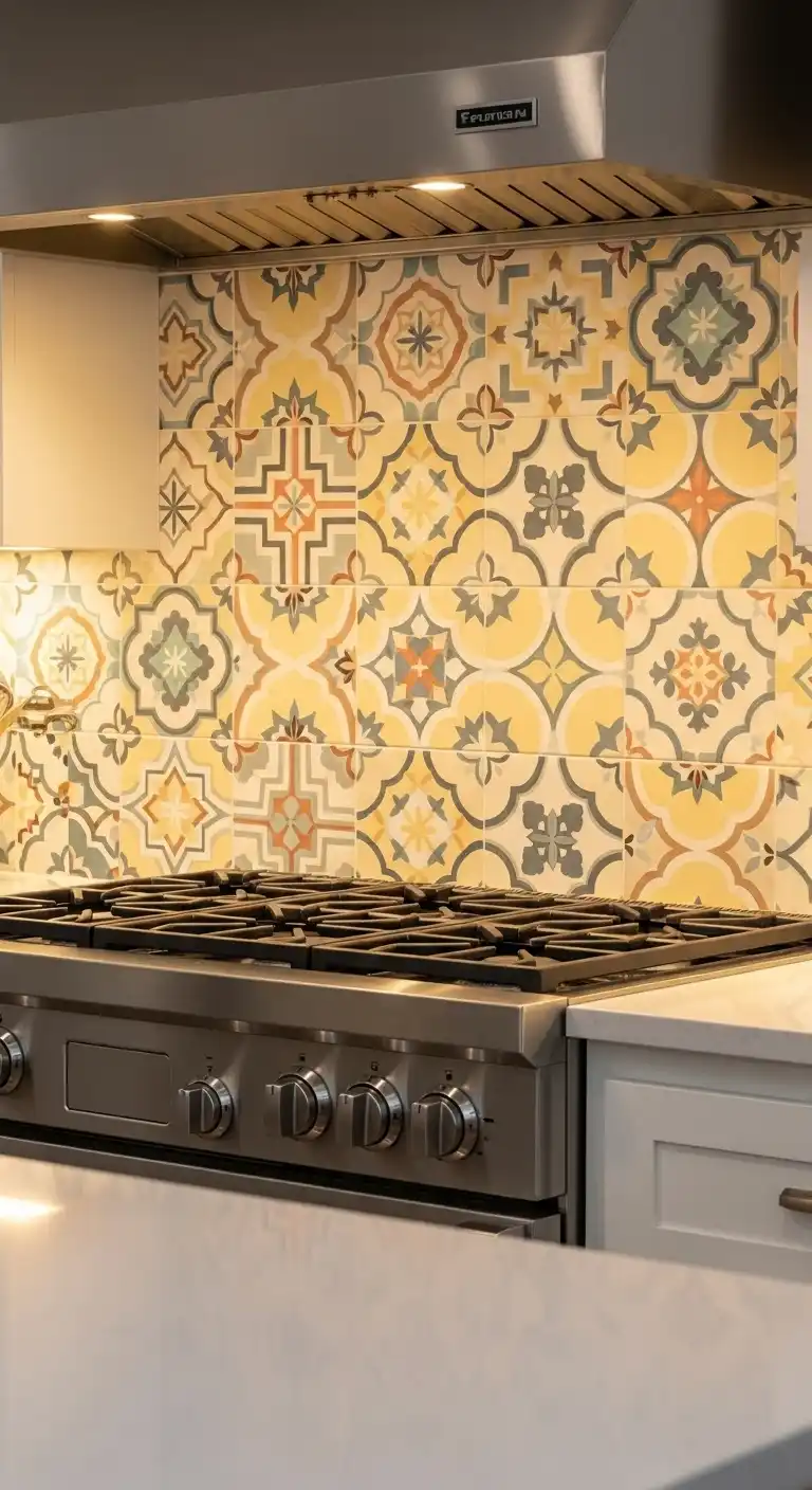 6. Light Yellow Backsplash with Patterned Tiles