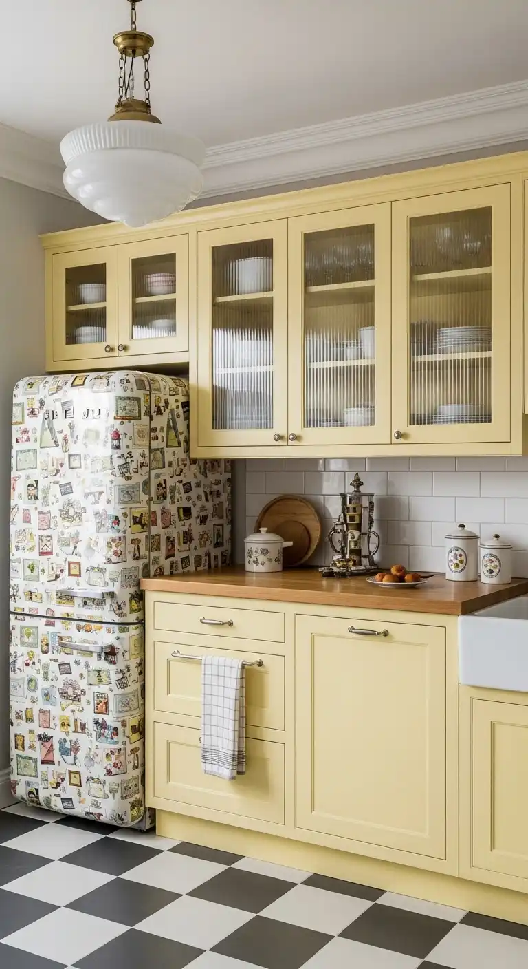 6. Vintage-Inspired Pale Yellow Kitchen Cabinets