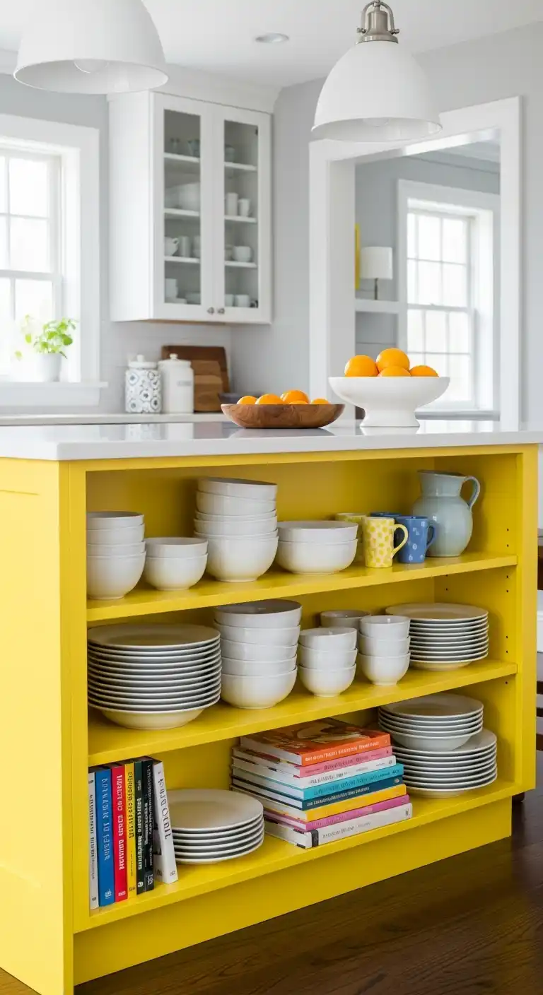 7. A Yellow Island with Open Shelving