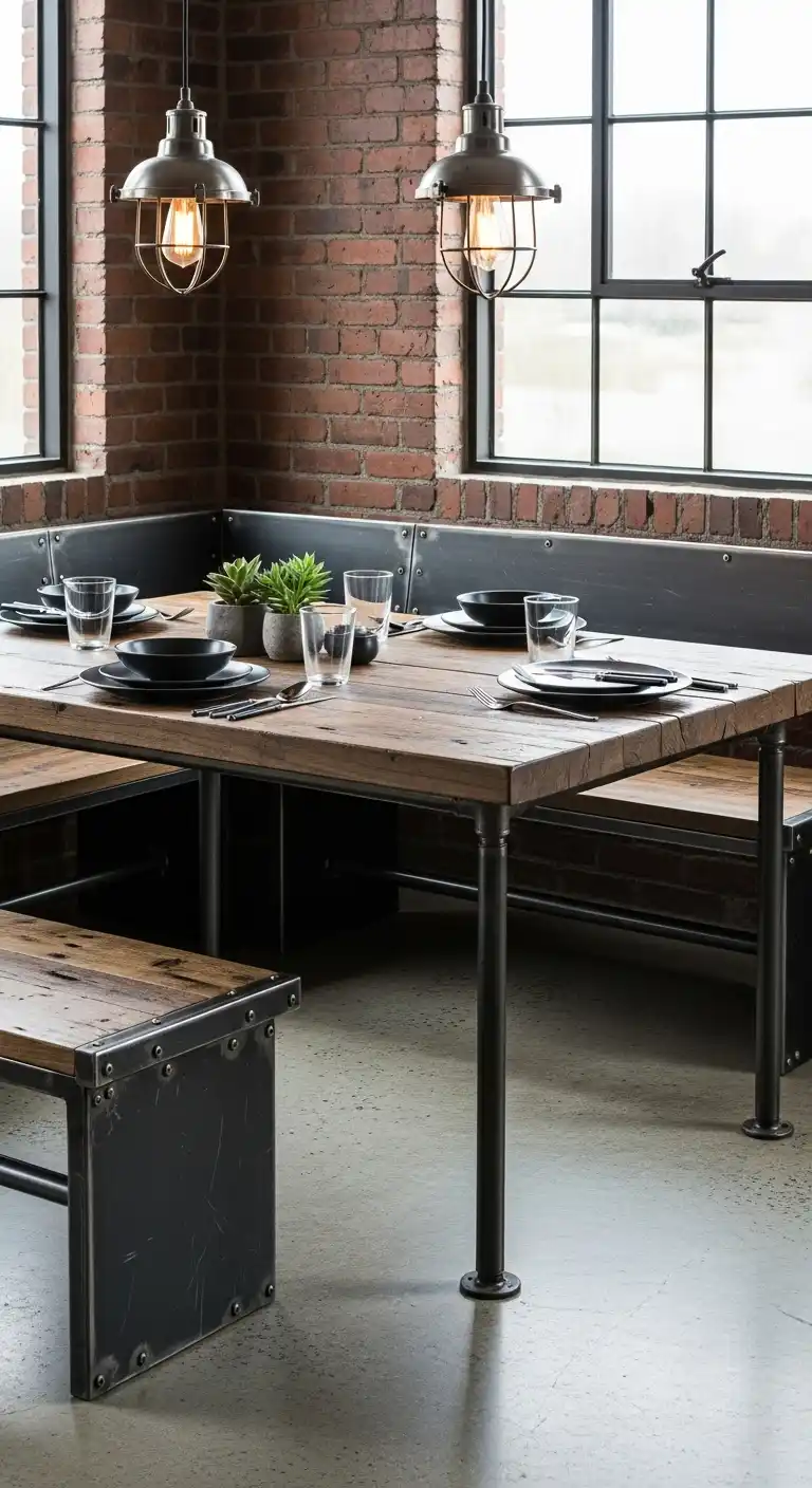 7. Industrial Style Corner Dining Table with Bench