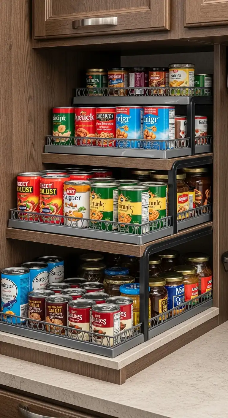 7. Use Tiered Shelf Organizers