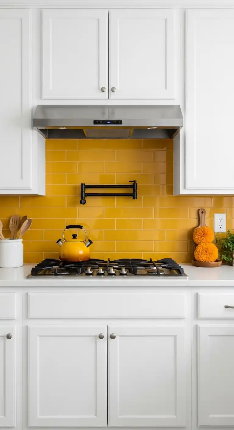 8. A Marigold Yellow Backsplash Kitchen with White Cabinets