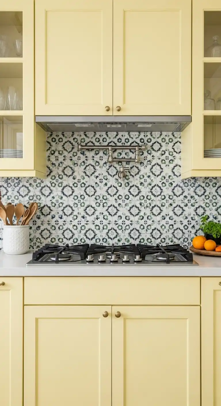 8. Pale Yellow Cabinets with a Patterned Backsplash