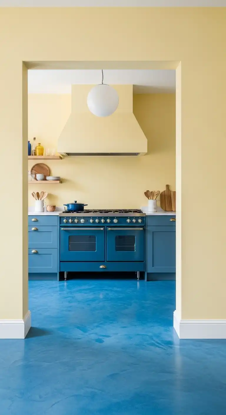 9. Blue Flooring and Yellow Walls
