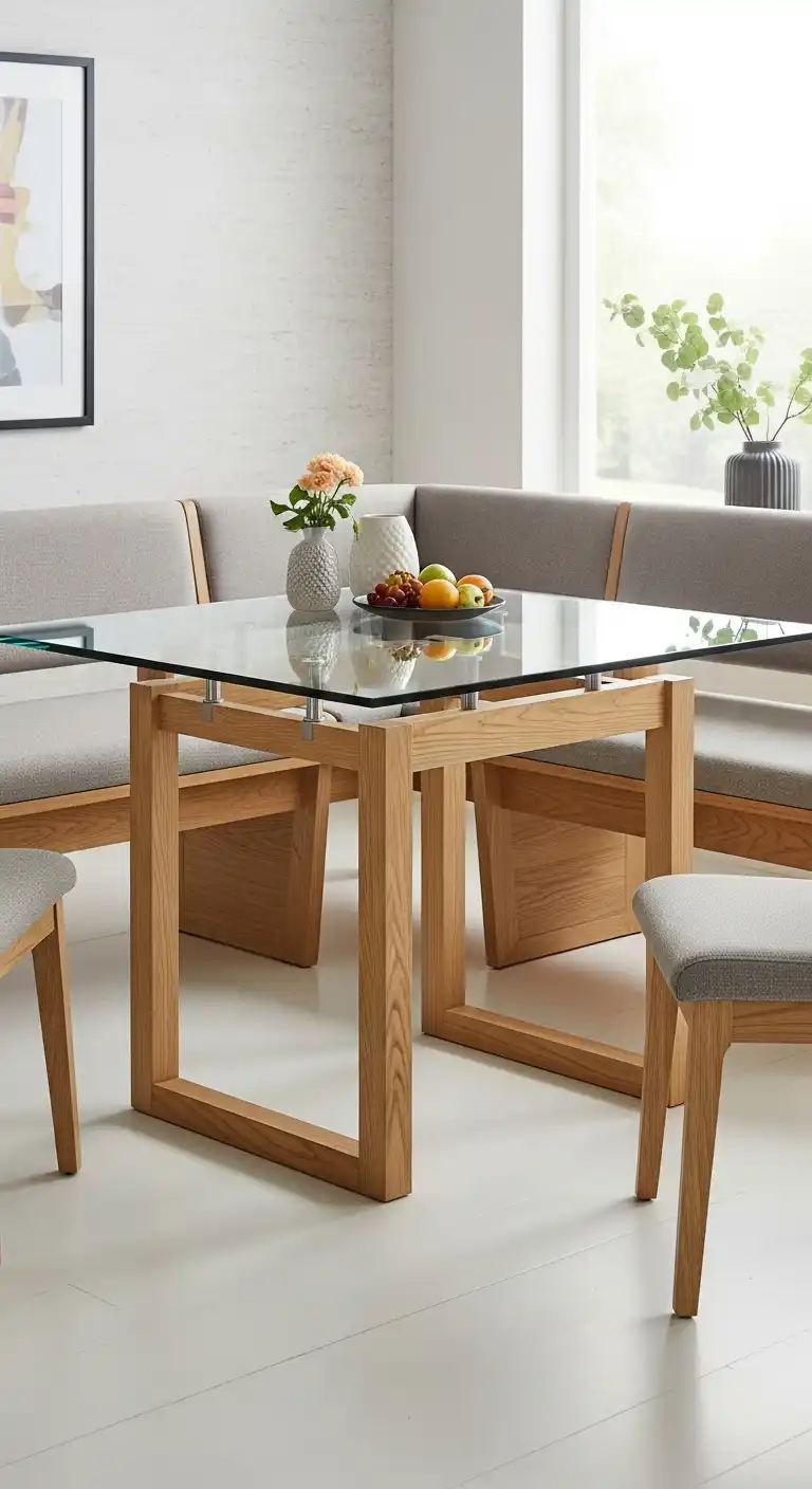 9. Glass Top Corner Dining Table with Bench