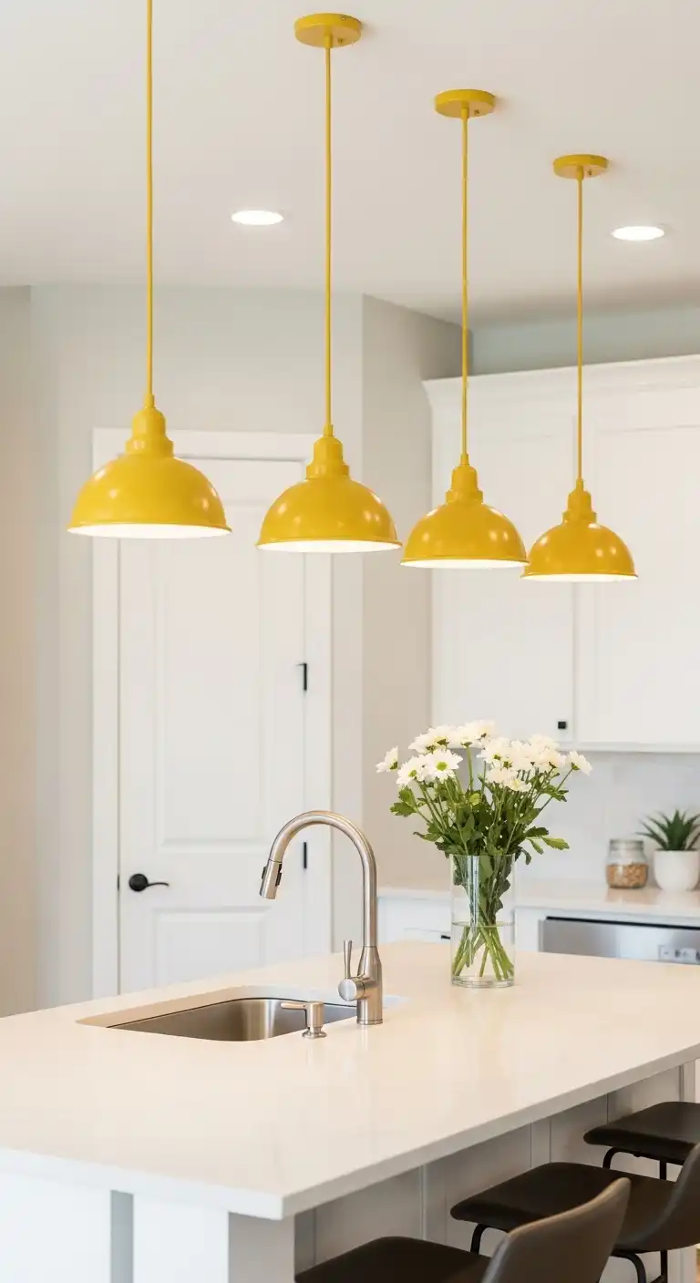 9. Golden Yellow Pendant Lights Over a White Island