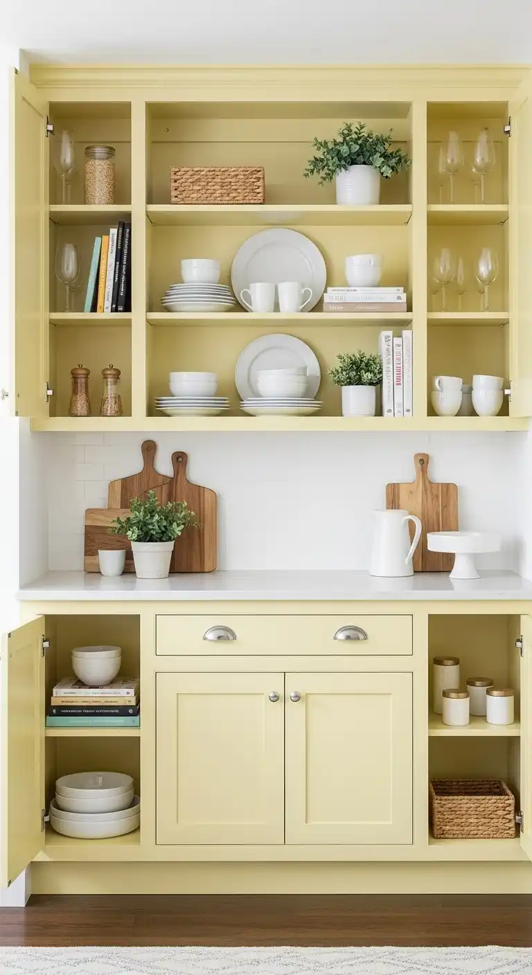 9. Open Shelving and Pale Yellow Base Cabinets