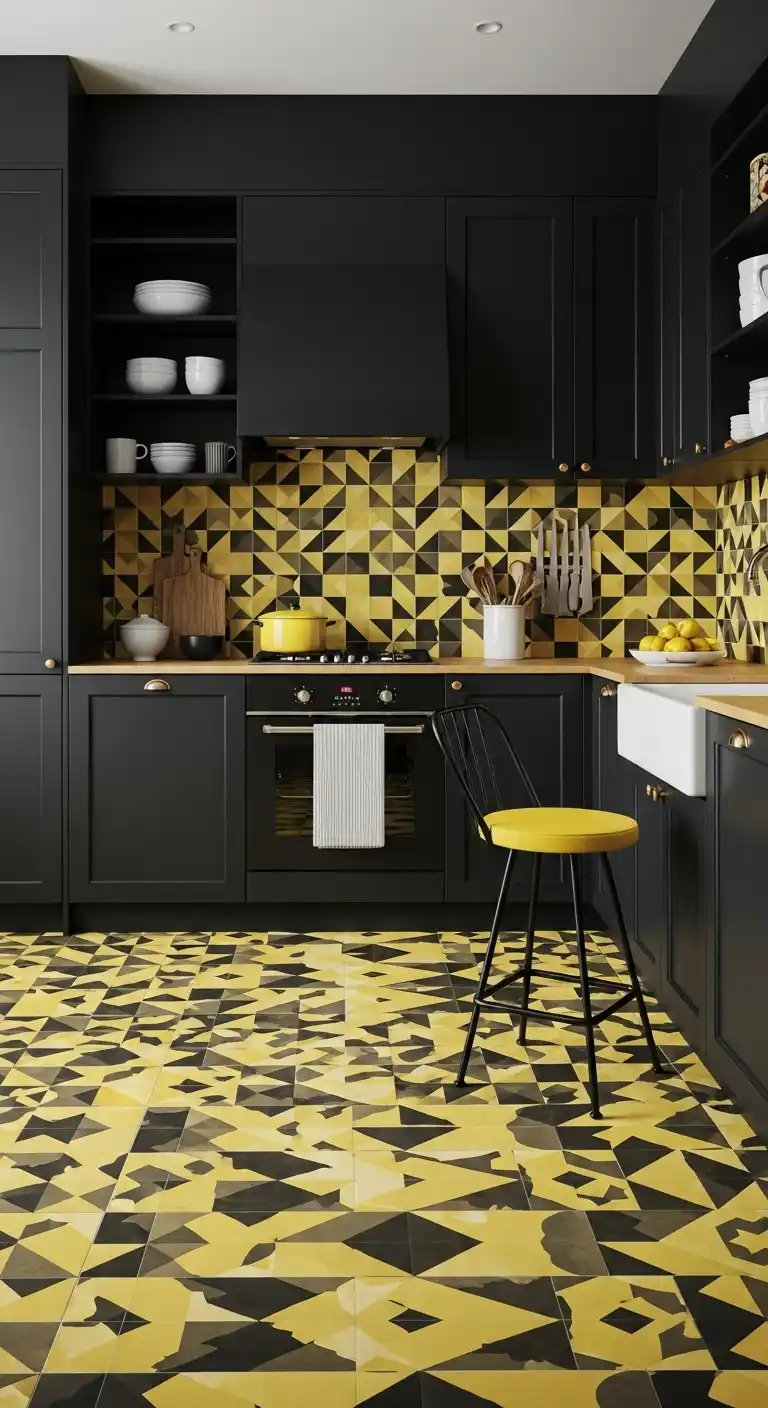 9. Playful Black and Yellow Kitchen with Geometric Patterns