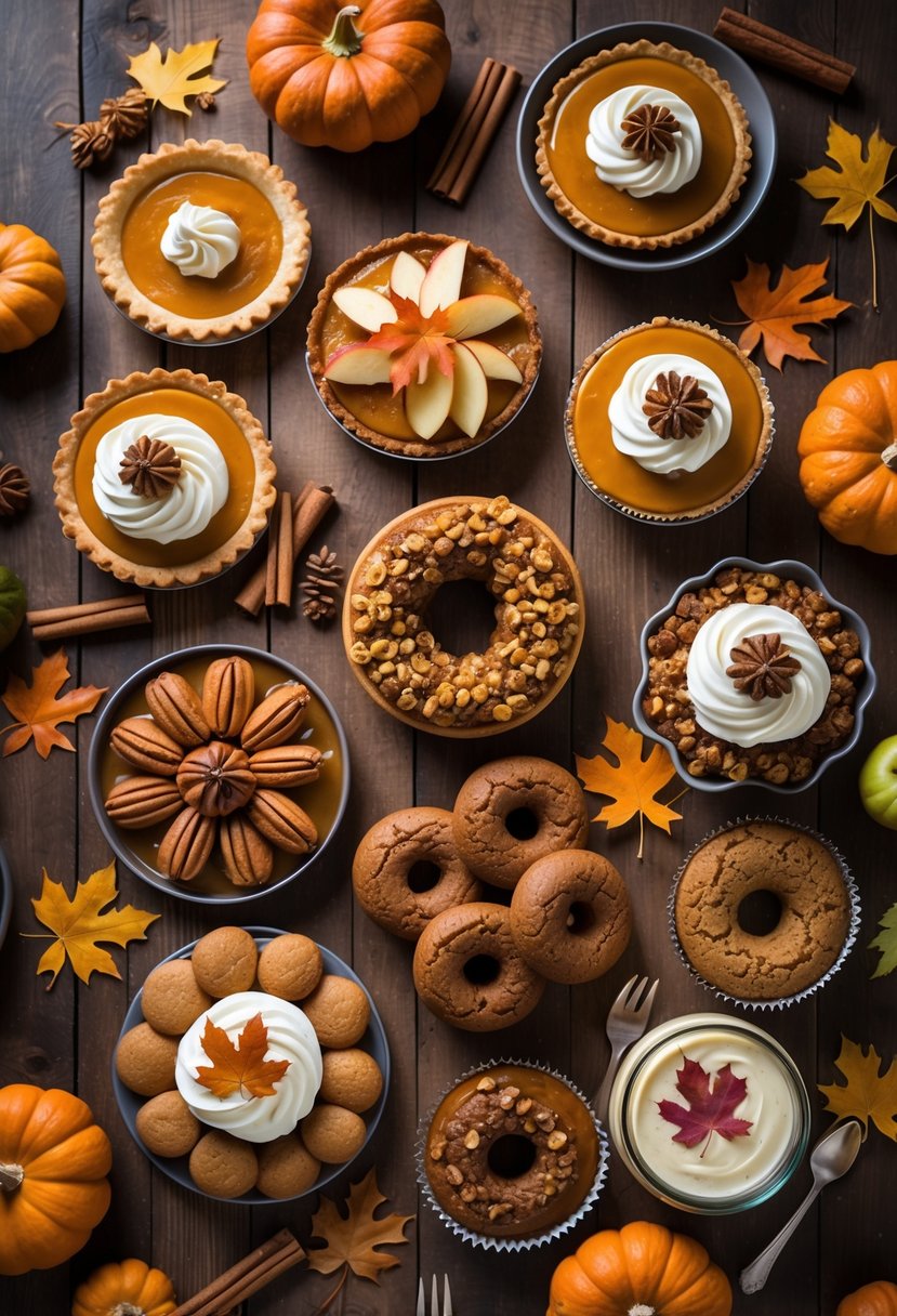A flat lay of ten different autumn desserts arranged on a wooden table with autumn leaves and small pumpkins around them.