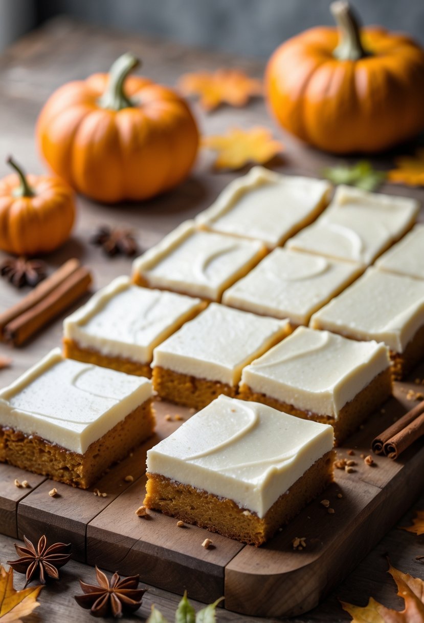 Close-up of pumpkin bars with cream cheese frosting arranged on a wooden board with autumn decorations around them.