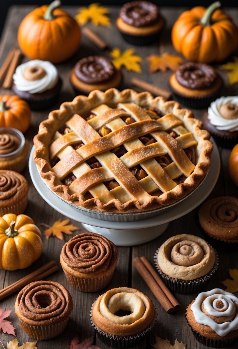 A table displaying a classic apple pie surrounded by nine different autumn desserts with fall-themed decorations.