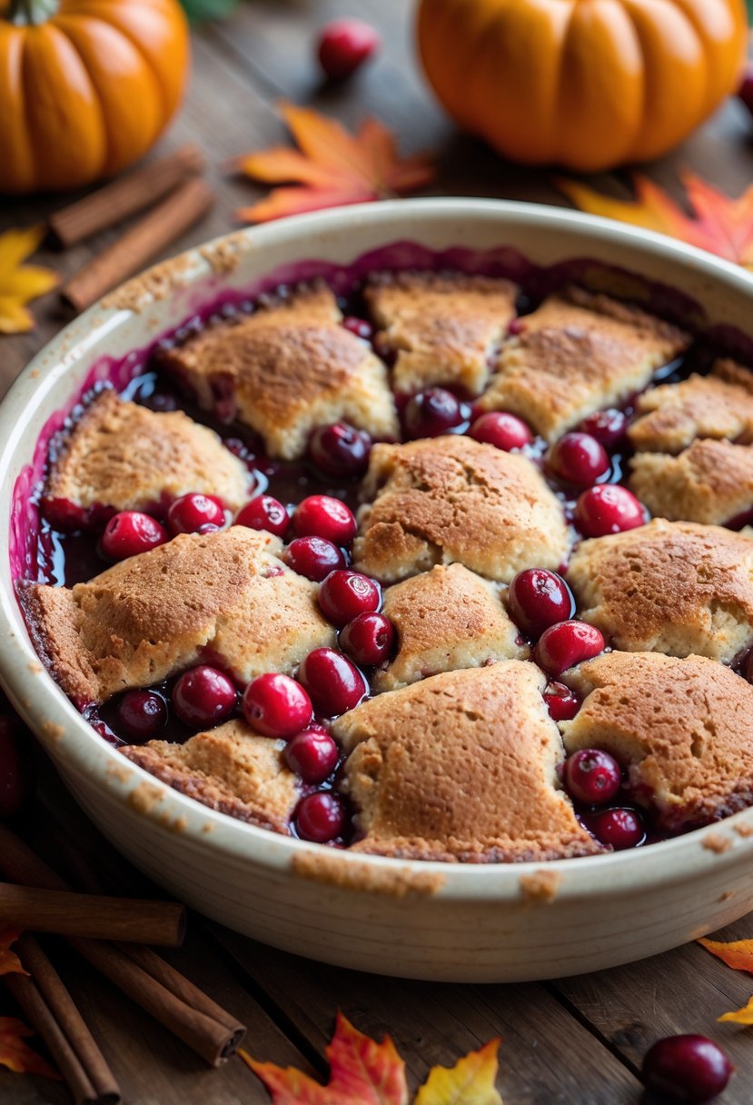 A freshly baked spiced cranberry cobbler in a rustic dish surrounded by autumn leaves, pumpkins, and cinnamon sticks on a wooden table.