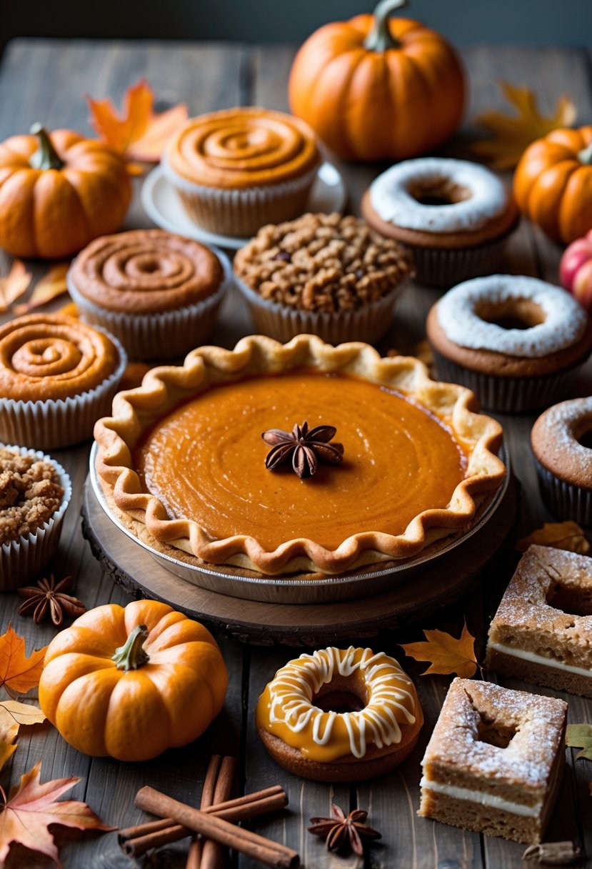 A sweet potato pie surrounded by nine other autumn desserts arranged on a wooden table with autumn decorations.