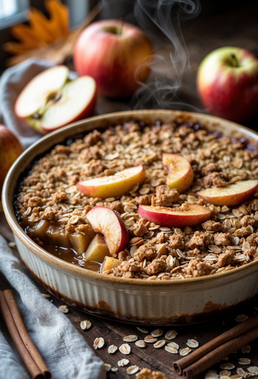A freshly baked apple crisp with oat topping in a ceramic dish on a wooden table surrounded by cinnamon sticks, apples, and autumn decorations.