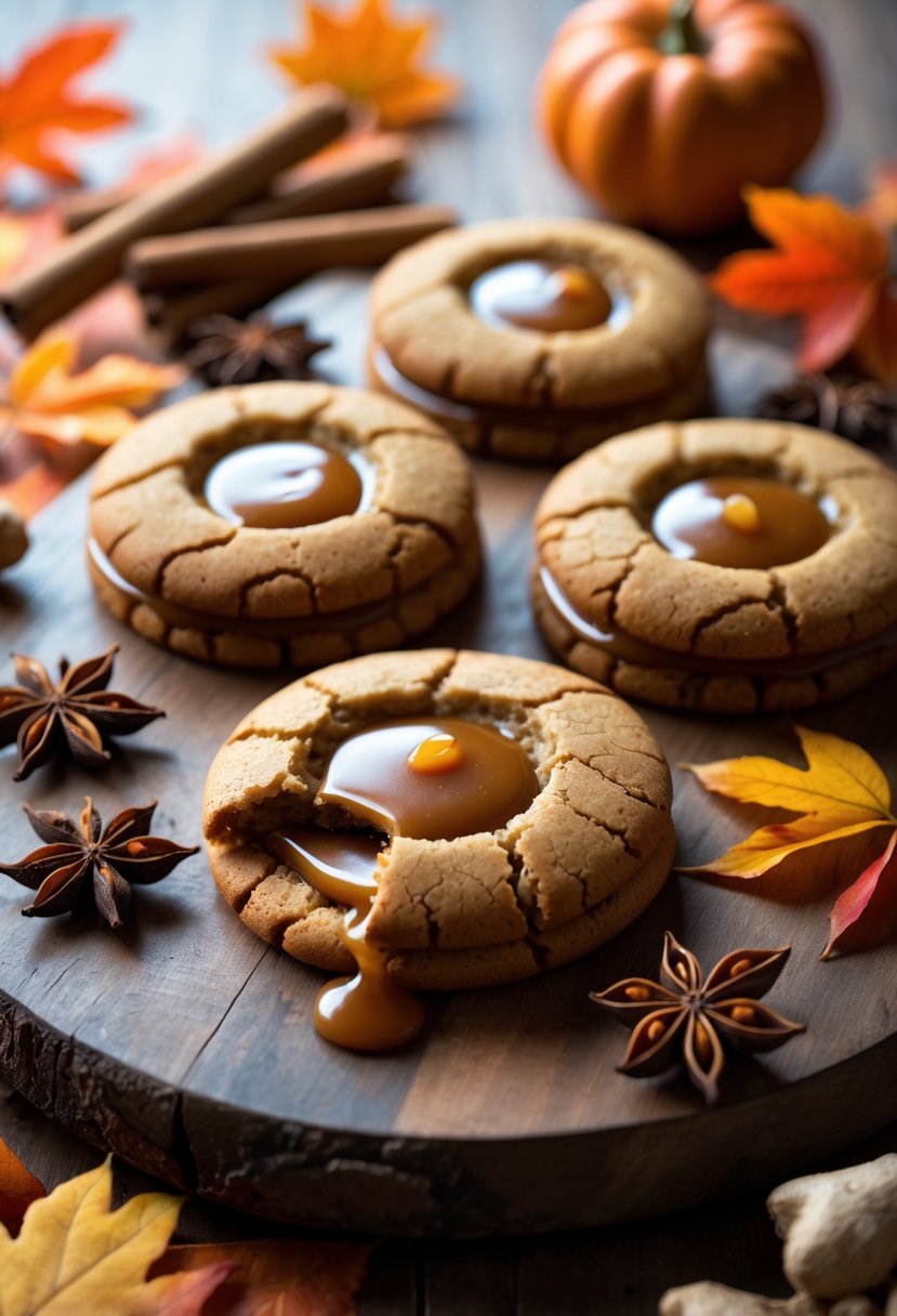 A close-up of caramel-stuffed ginger cookies on a wooden board surrounded by cinnamon sticks, star anise, ginger root, and autumn leaves.