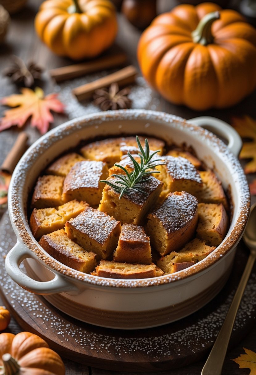 A warm pumpkin bread pudding in a ceramic dish surrounded by small pumpkins, cinnamon sticks, star anise, and autumn leaves on a wooden table.