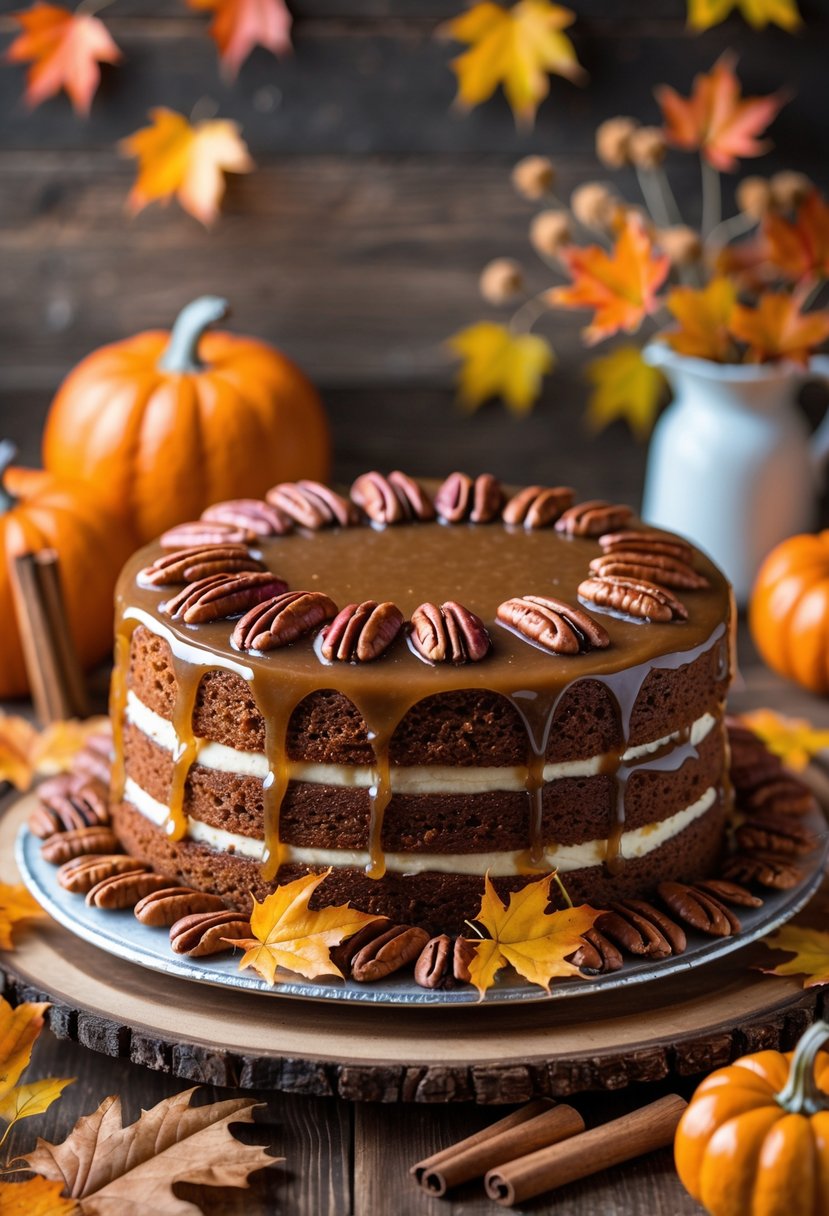 A maple pecan cake topped with pecans on a wooden table surrounded by autumn leaves, pumpkins, and cinnamon sticks.