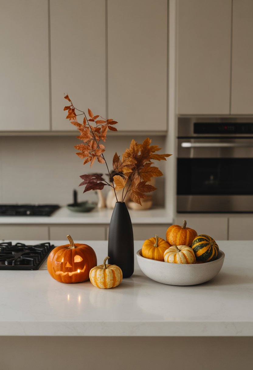 A modern kitchen countertop decorated with a carved pumpkin, a vase of autumn leaves, and a bowl of mini pumpkins and gourds.