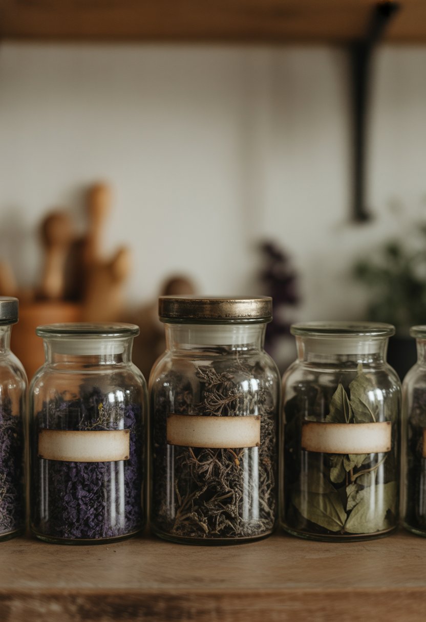 A set of vintage apothecary jars filled with dried herbs arranged on a wooden kitchen shelf.