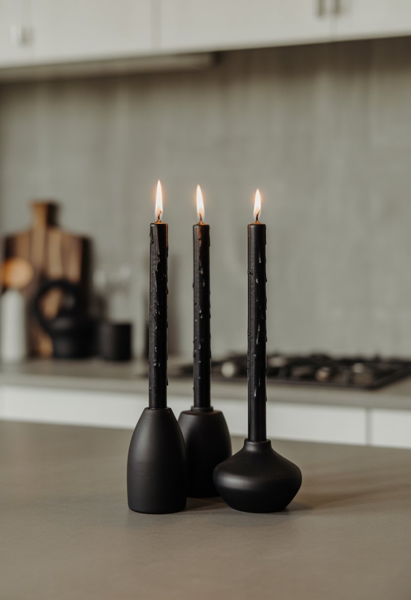 Three black taper candles burning on a kitchen countertop with a simple background.