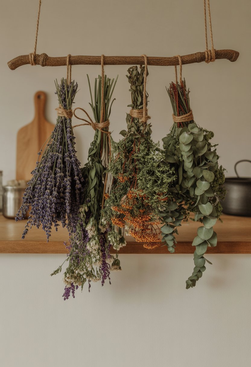 Dried florals hanging from a wooden rod against a neutral wall in a kitchen.