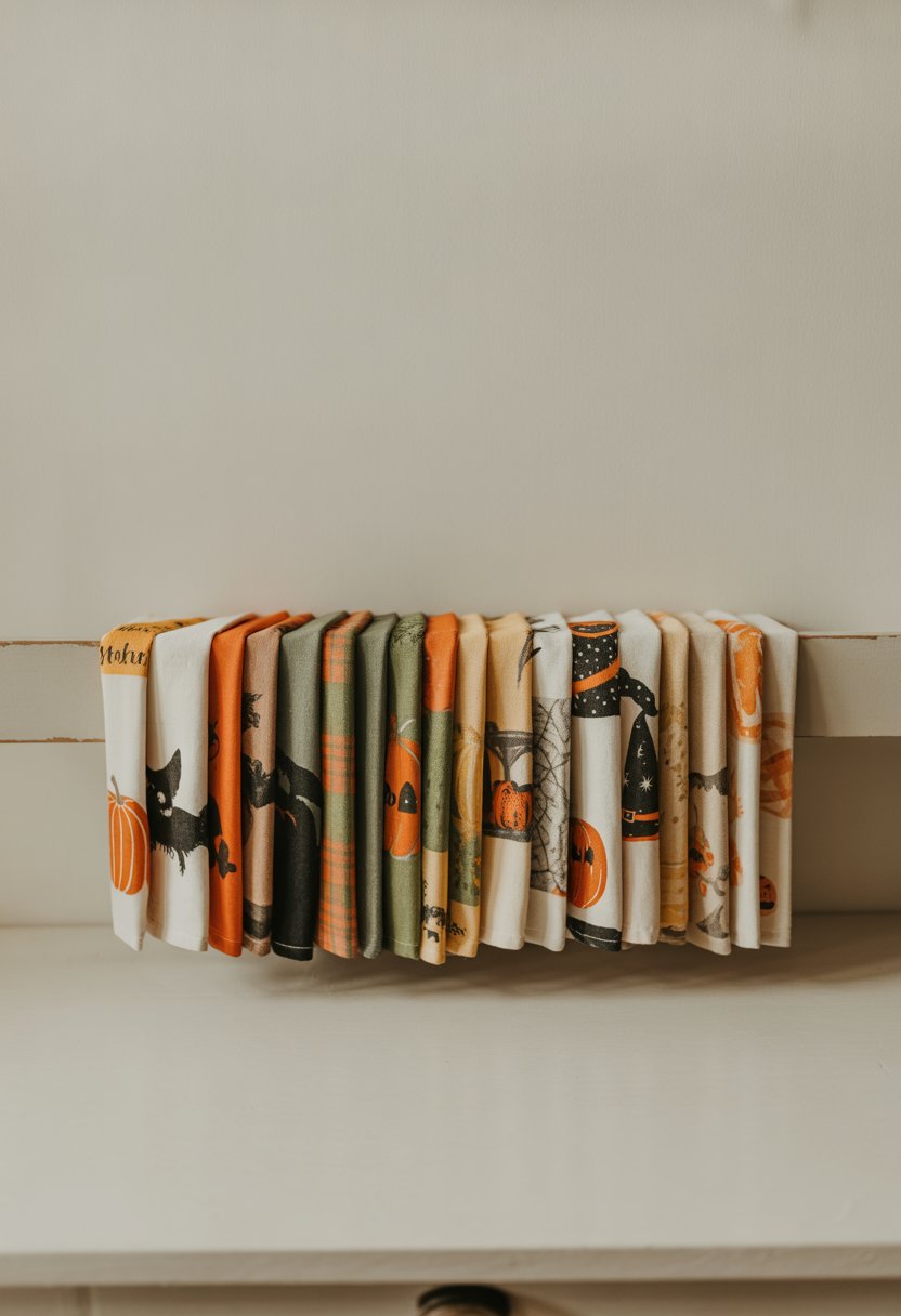 A set of vintage tea towels with Halloween-themed prints arranged on a light wooden surface.