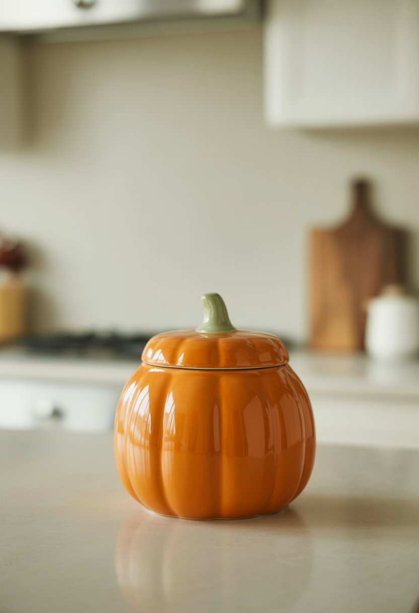 A pumpkin-shaped ceramic cookie jar on a kitchen countertop with blurred cabinets and a cutting board in the background.