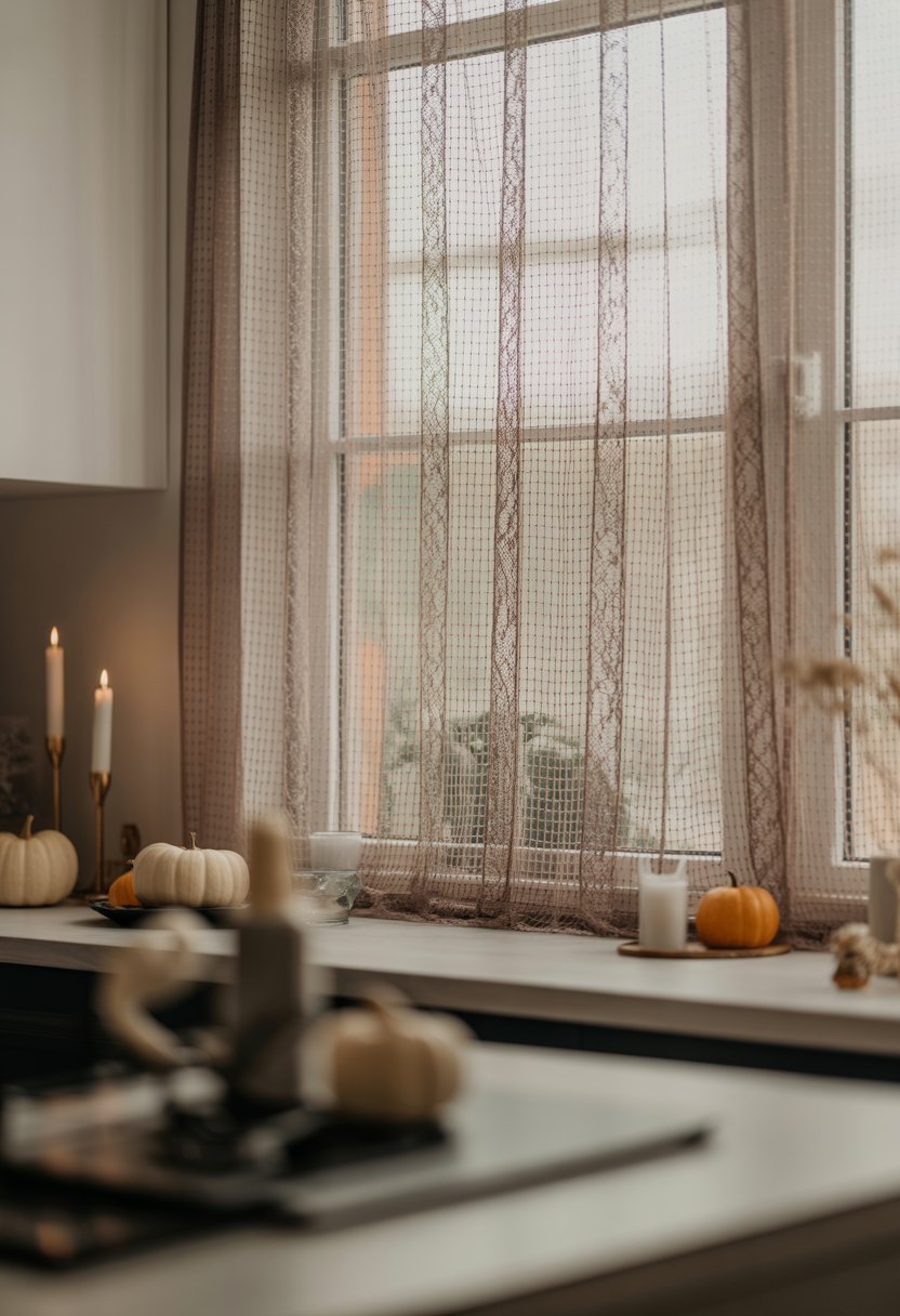 A kitchen window with spiderweb lace curtains and subtle Halloween decorations like small pumpkins on the countertop.
