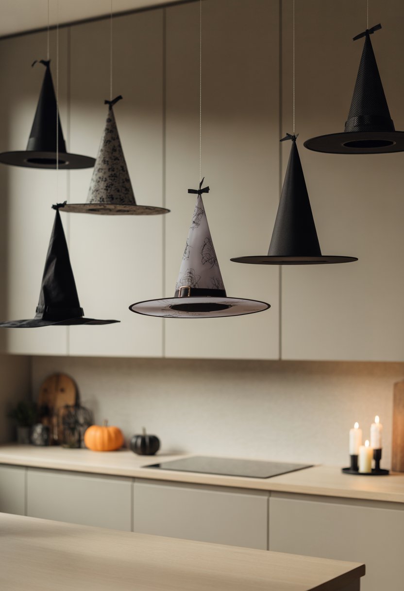 A kitchen decorated for Halloween with black witch hats hanging from the ceiling and small pumpkins on the countertop.