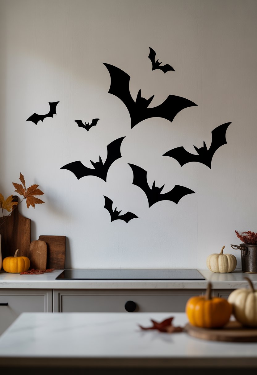 A modern kitchen with white walls decorated with black bat silhouette decals and small Halloween-themed accents.