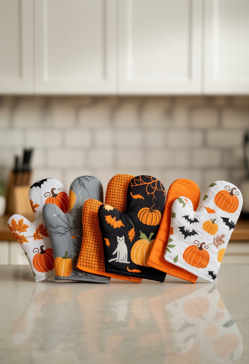 Halloween-themed oven mitts and dish towels displayed on a kitchen countertop.