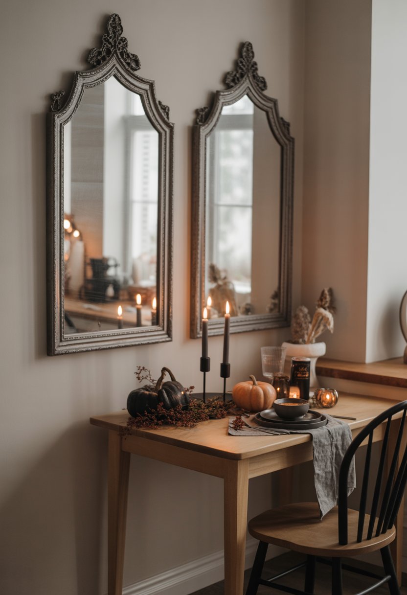 A kitchen nook with a small wooden table and gothic-style mirrors on the wall, decorated with Halloween items like black candles and a pumpkin.