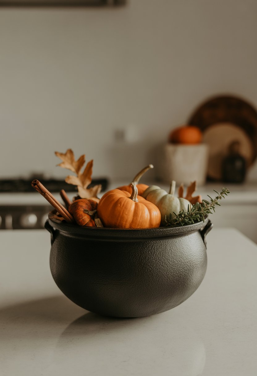 A black cauldron-style bowl filled with small pumpkins, dried leaves, cinnamon sticks, and herbs on a kitchen countertop.