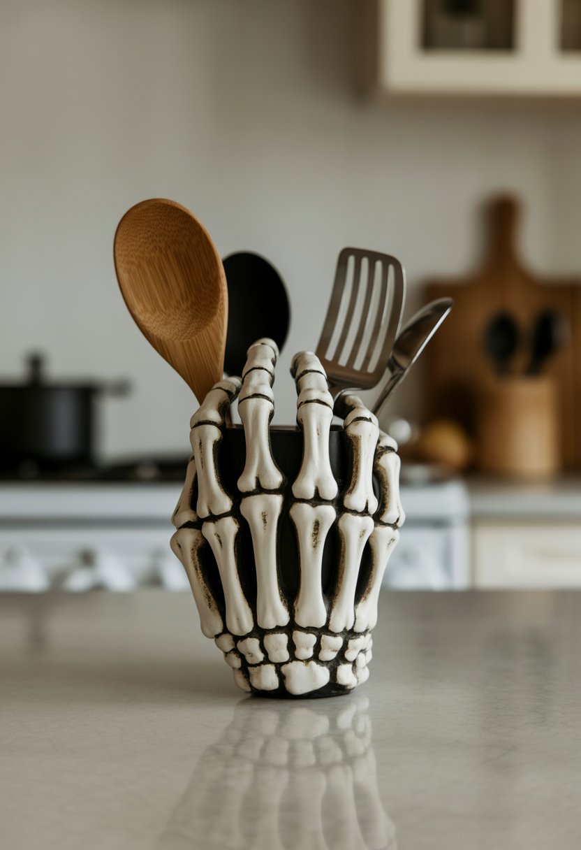 A skeleton hand utensil holder on a kitchen countertop holding various cooking utensils.