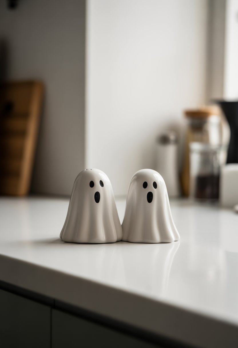 Two ghost-shaped salt and pepper shakers on a white kitchen countertop with a blurred kitchen background.