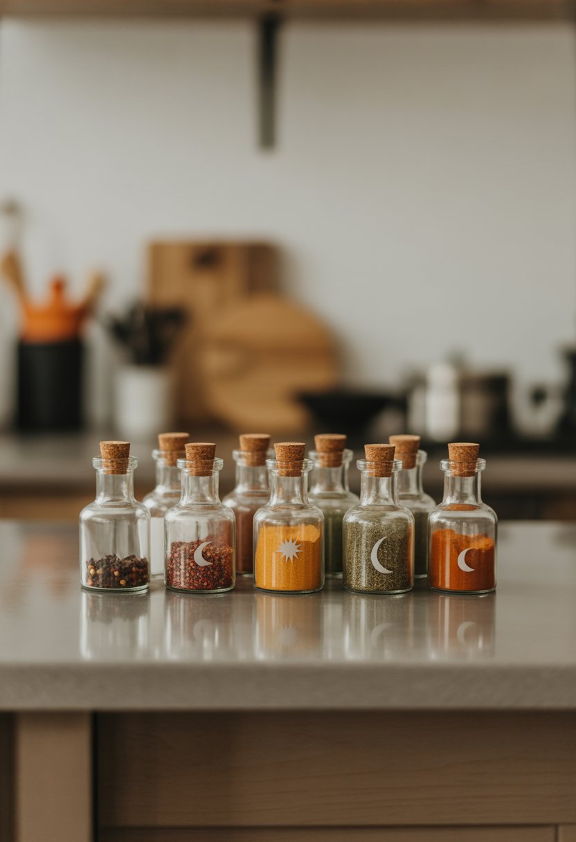 A set of vintage glass spice jars shaped like potion bottles arranged on a kitchen countertop with spices inside.