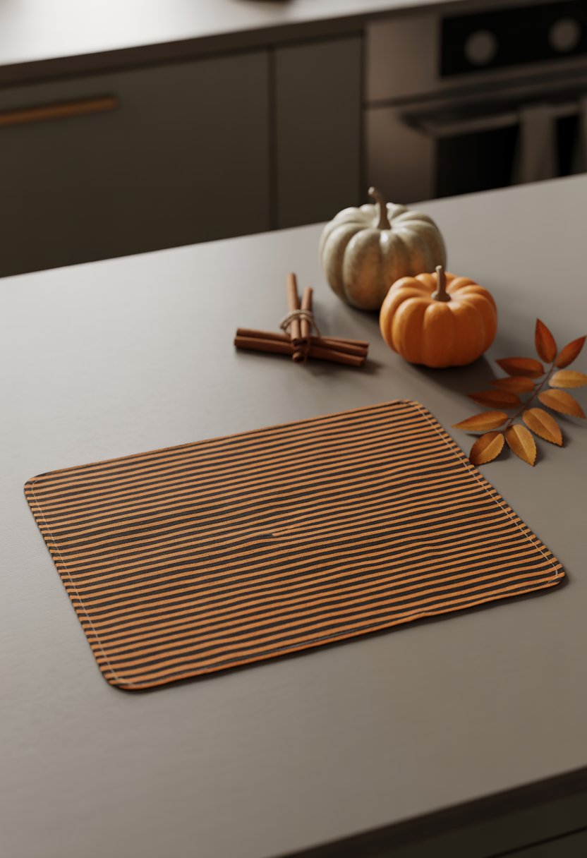 A black and orange striped placemat on a kitchen table with small Halloween decorations including a pumpkin, cinnamon sticks, and autumn leaves.